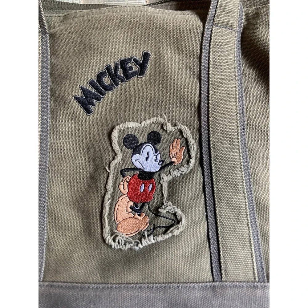 Vintage Mickey Mouse Army Green Canvas Tote Bag‎ Stitched Embroidered 16x12